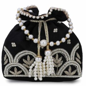 Black White And Gold Faux Silk Ethnic Embellished Potli