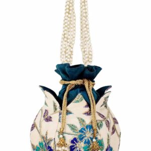Cream And Turquoise Blue Faux Silk Floral Embroidered Potli