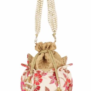 Cream And Pink Faux Silk Floral Embroidered Potli