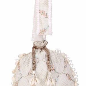 Off White And Multi Faux Silk Stone Embroidered Potli