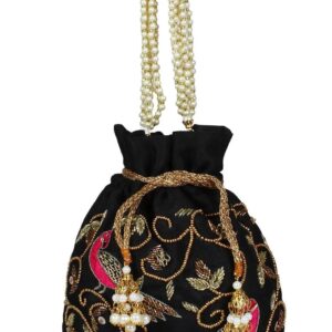 Dazzle Embellished Faux Silk Potli Black & Multicolor