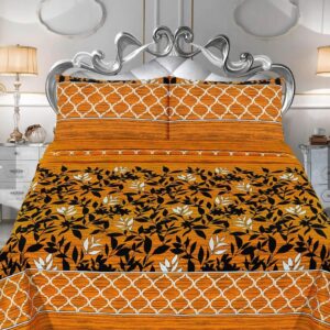 3 Pcs Cotton Bedsheet-Yellow Leaf (Premium)